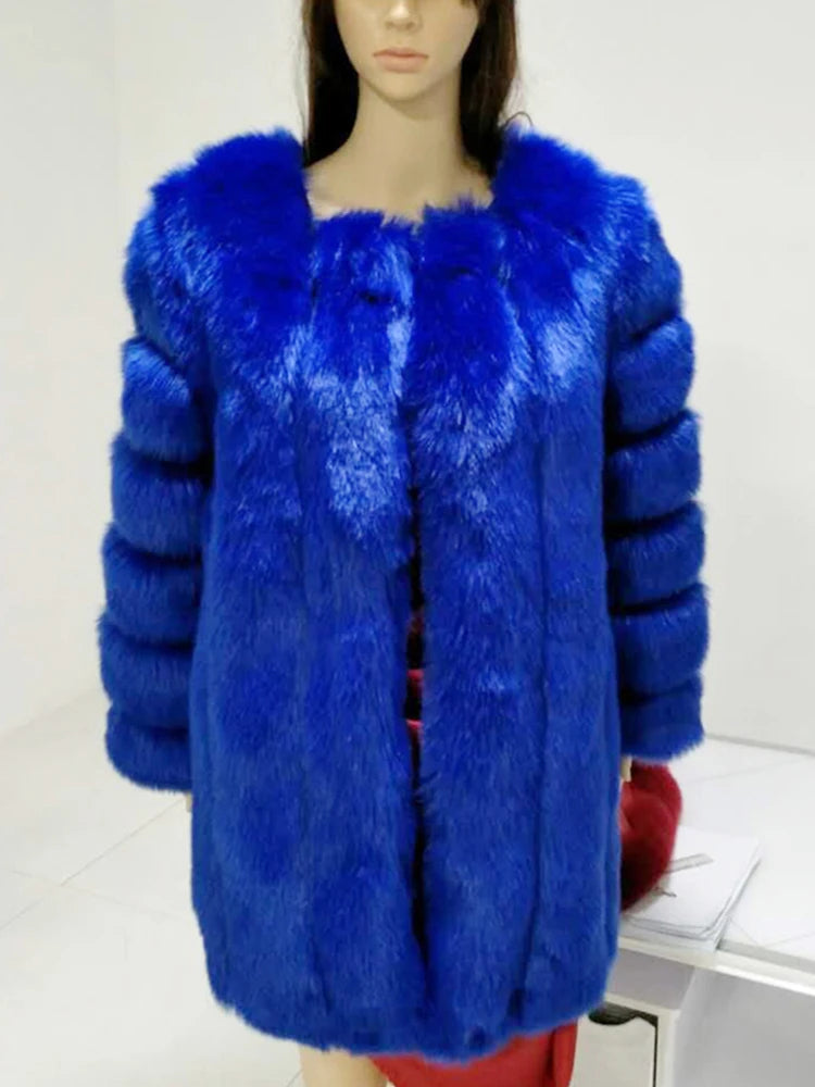 Luxury Faux Fox Fur Coat Slim Long Pink Red Blue Faux Fur Jacket Women