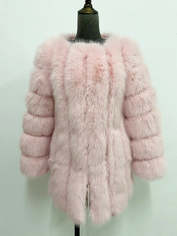 Luxury Faux Fox Fur Coat Slim Long Pink Red Blue Faux Fur Jacket Women