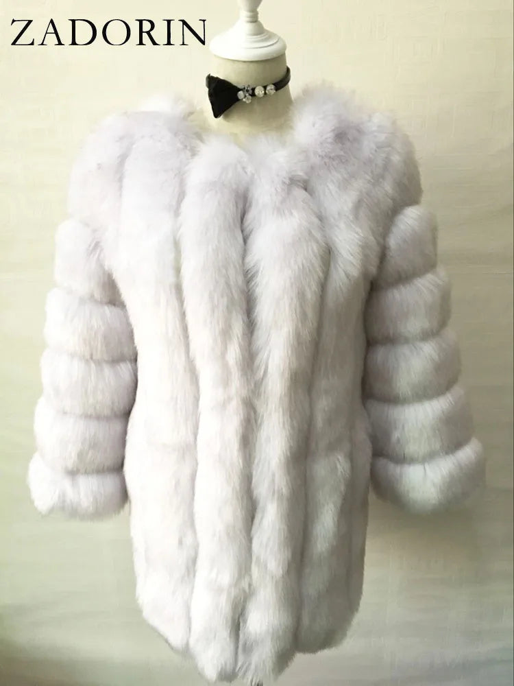 Luxury Faux Fox Fur Coat Slim Long Pink Red Blue Faux Fur Jacket Women