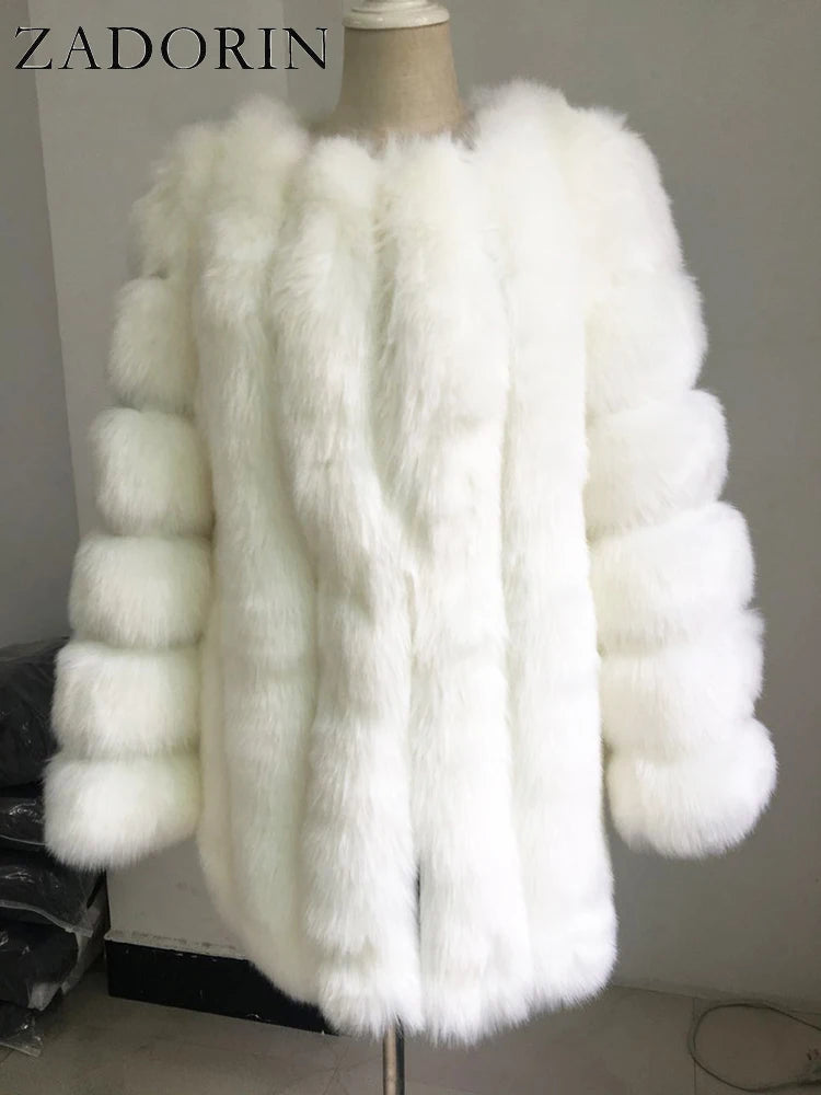 Luxury Faux Fox Fur Coat Slim Long Pink Red Blue Faux Fur Jacket Women