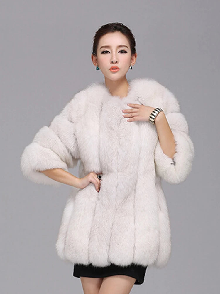 Luxury Faux Fox Fur Coat Slim Long Pink Red Blue Faux Fur Jacket Women