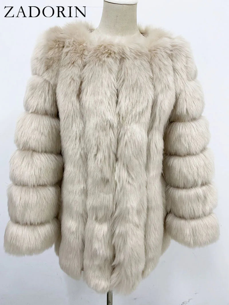 Luxury Faux Fox Fur Coat Slim Long Pink Red Blue Faux Fur Jacket Women