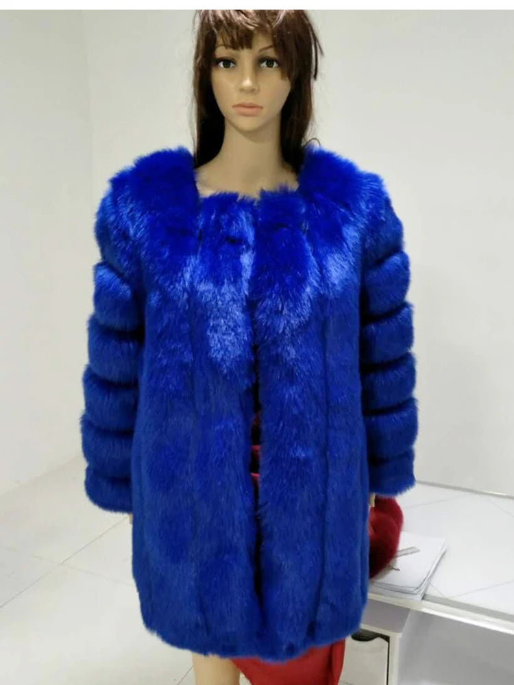 Luxury Faux Fox Fur Coat Slim Long Pink Red Blue Faux Fur Jacket Women