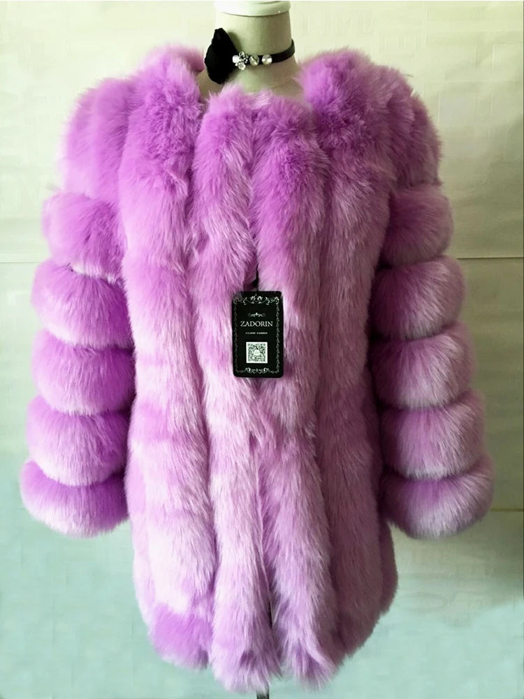 Luxury Faux Fox Fur Coat Slim Long Pink Red Blue Faux Fur Jacket Women