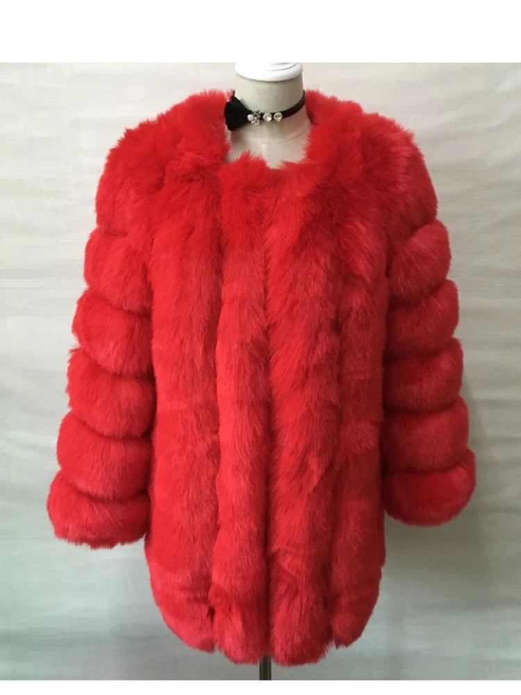 Luxury Faux Fox Fur Coat Slim Long Pink Red Blue Faux Fur Jacket Women
