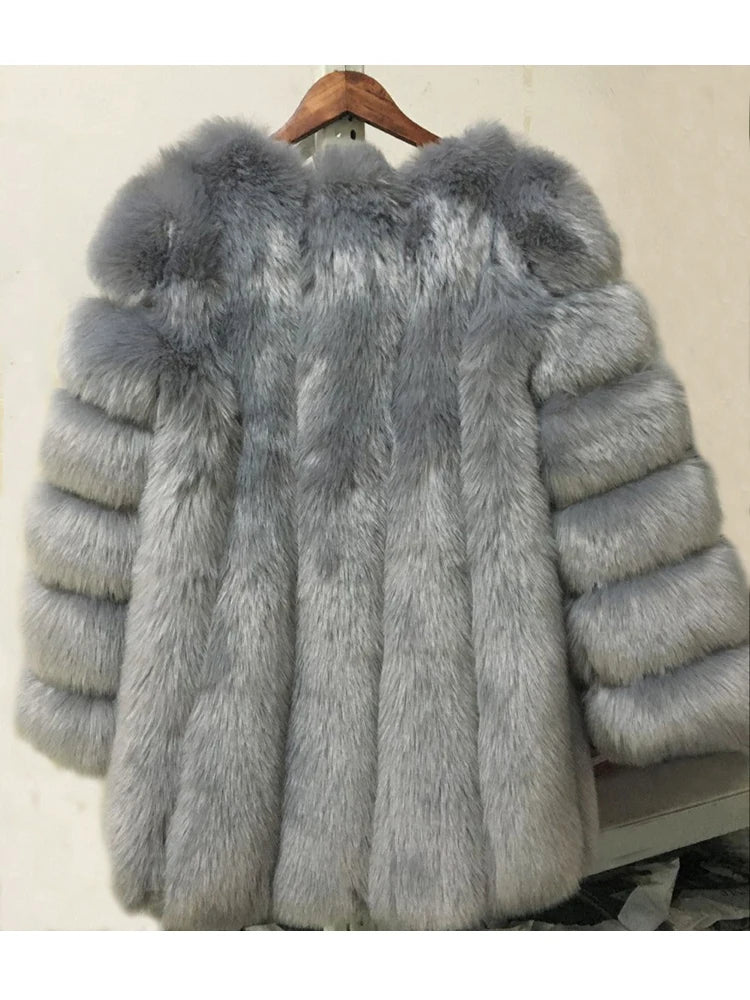 Luxury Faux Fox Fur Coat Slim Long Pink Red Blue Faux Fur Jacket Women