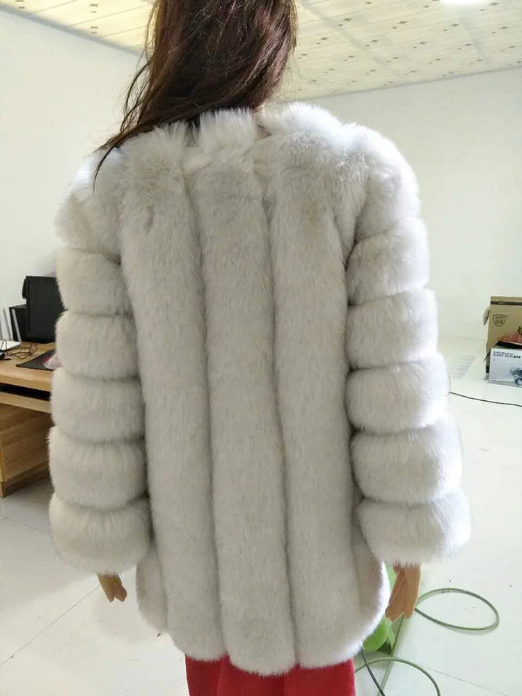 Luxury Faux Fox Fur Coat Slim Long Pink Red Blue Faux Fur Jacket Women