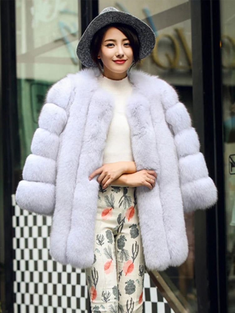Luxury Faux Fox Fur Coat Slim Long Pink Red Blue Faux Fur Jacket Women