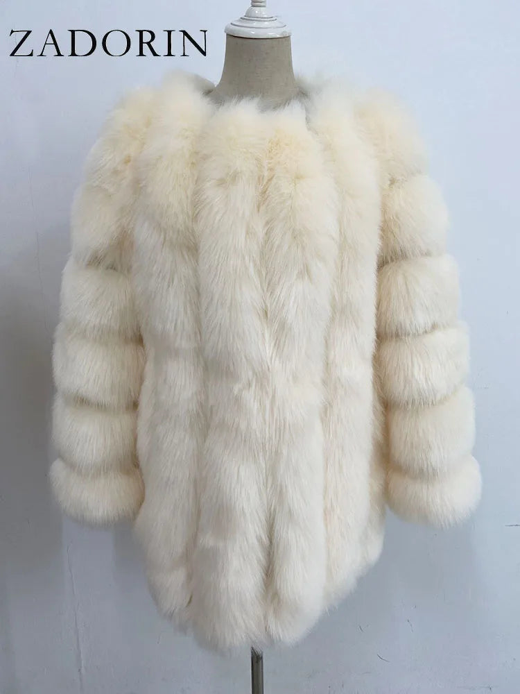 Luxury Faux Fox Fur Coat Slim Long Pink Red Blue Faux Fur Jacket Women