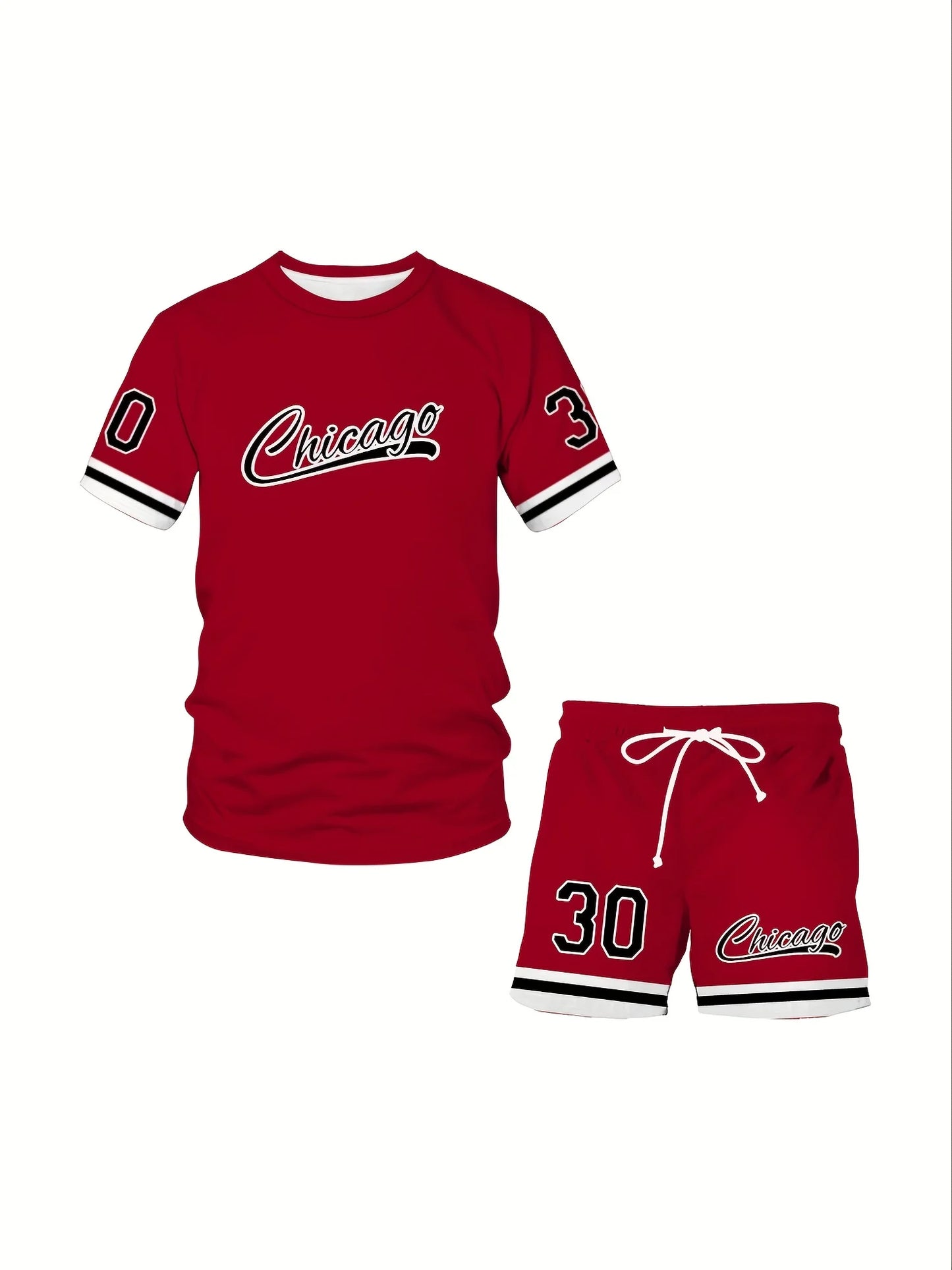 Men's Plus Casual Sports T-Shirt & Shorts Set, 3D Chicago Print, Crew