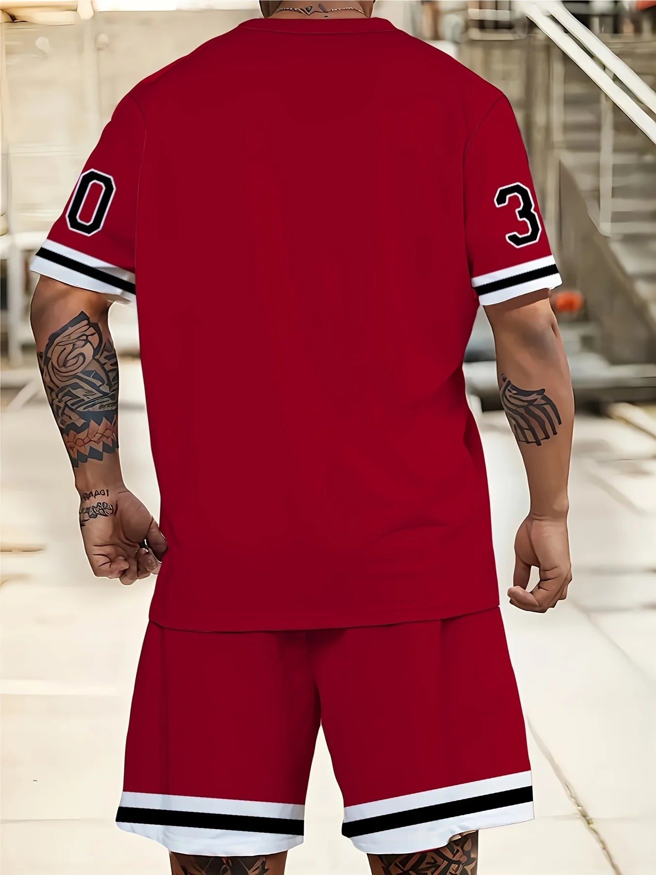 Men's Plus Casual Sports T-Shirt & Shorts Set, 3D Chicago Print, Crew