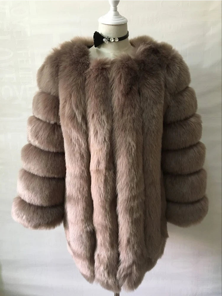 Luxury Faux Fox Fur Coat Slim Long Pink Red Blue Faux Fur Jacket Women