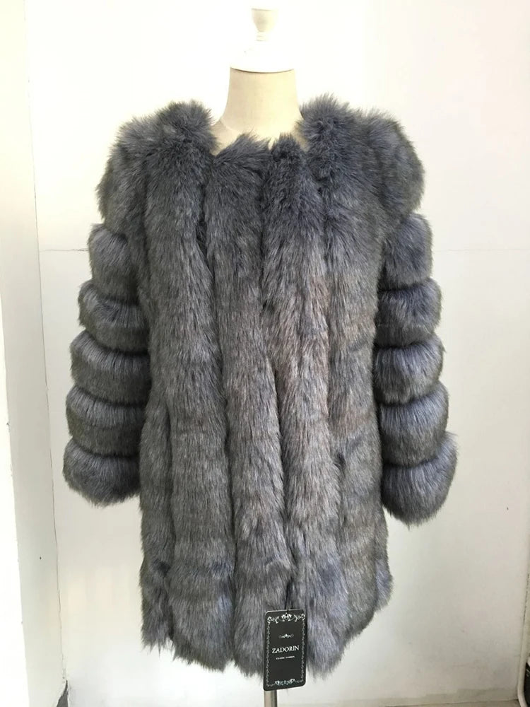 Luxury Faux Fox Fur Coat Slim Long Pink Red Blue Faux Fur Jacket Women
