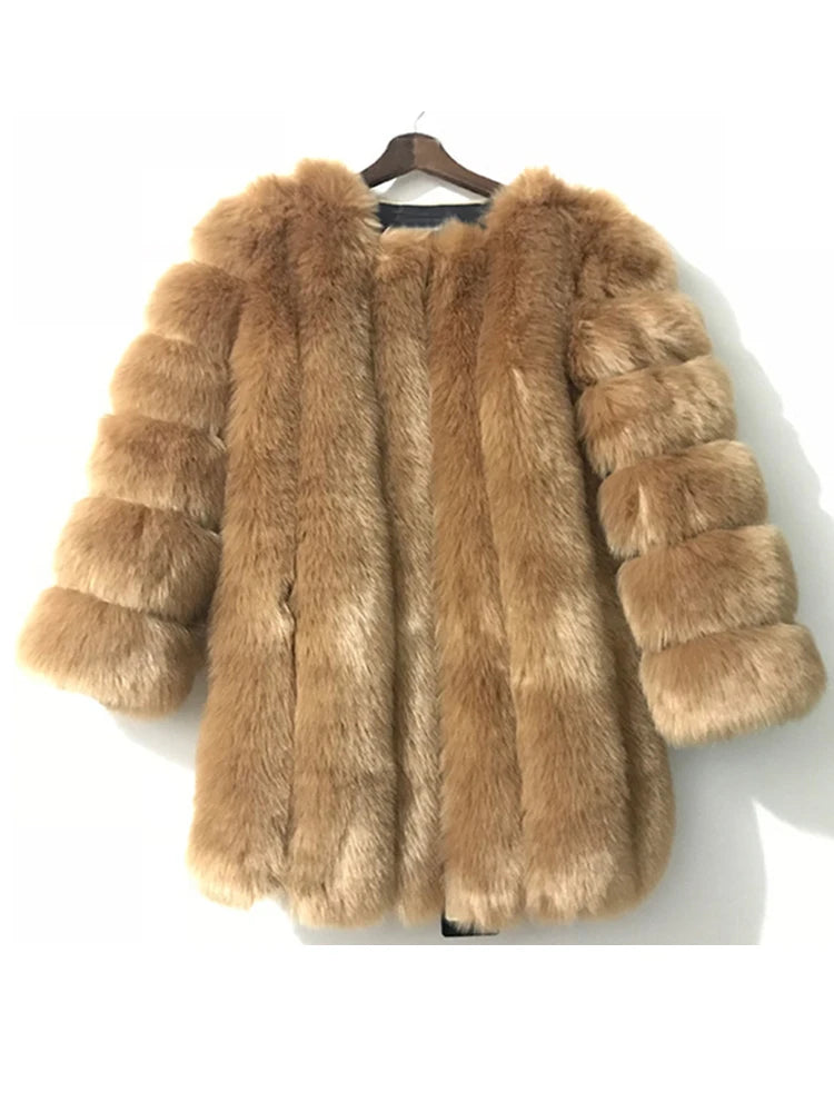 Luxury Faux Fox Fur Coat Slim Long Pink Red Blue Faux Fur Jacket Women