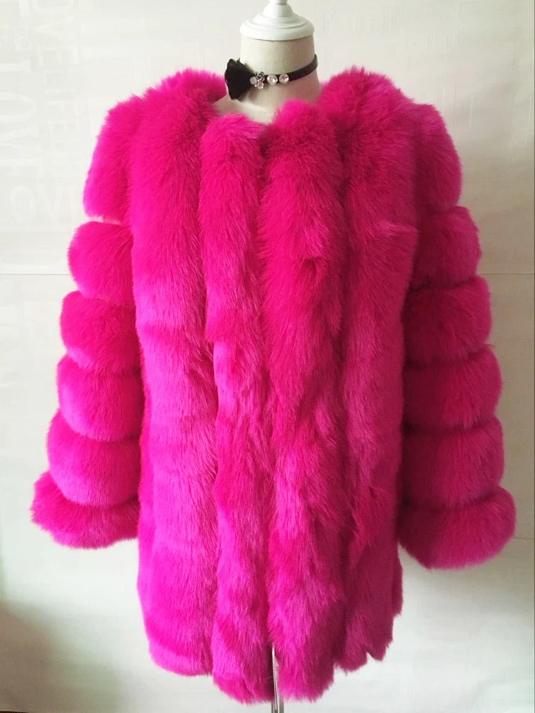 Luxury Faux Fox Fur Coat Slim Long Pink Red Blue Faux Fur Jacket Women