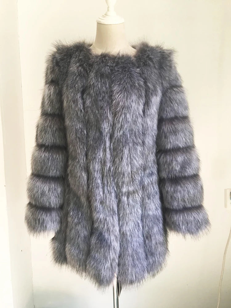 Luxury Faux Fox Fur Coat Slim Long Pink Red Blue Faux Fur Jacket Women