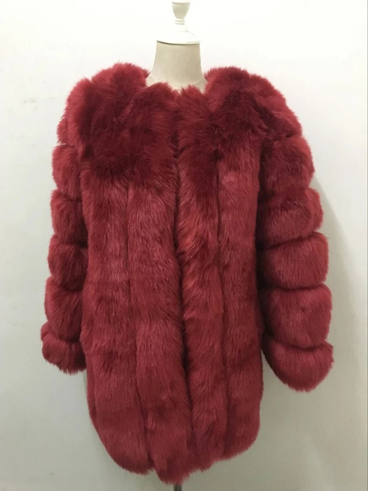 Luxury Faux Fox Fur Coat Slim Long Pink Red Blue Faux Fur Jacket Women