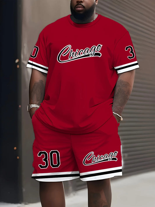 Men's Plus Casual Sports T-Shirt & Shorts Set, 3D Chicago Print, Crew