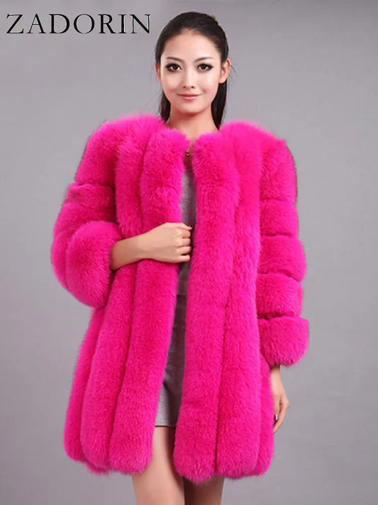 Luxury Faux Fox Fur Coat Slim Long Pink Red Blue Faux Fur Jacket Women